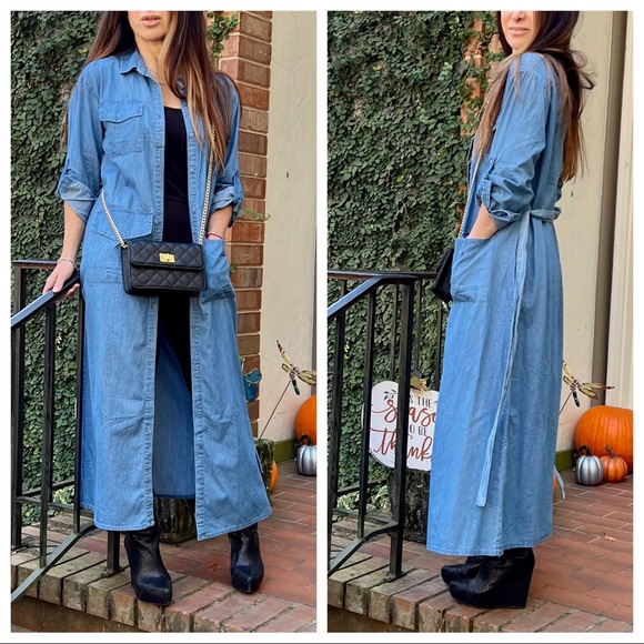 Paris fashion chic jean belted shirt Maxi dress - Picture 2 of 11